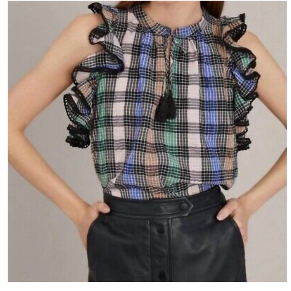 Munthe Green Plaid Varrel Ruffle Blouse
